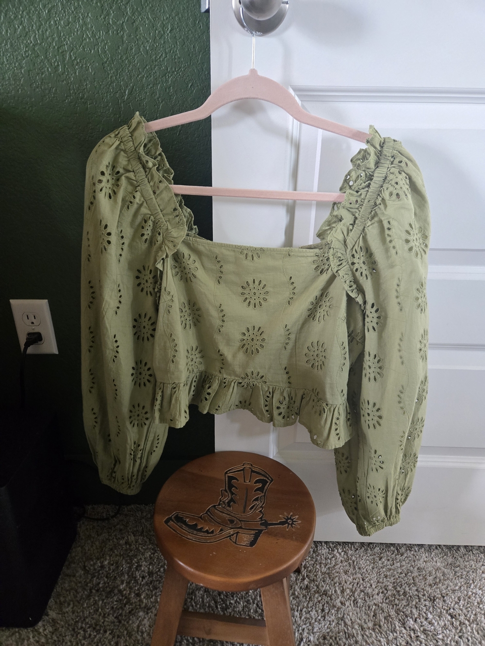 Vero Moda Olive Eyelet Ruffle Peasant Blouse